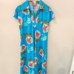 Vintage 60s 70s Maxi Midi House Dress Butterflies Daggar Collar Boho Hippie Sz M